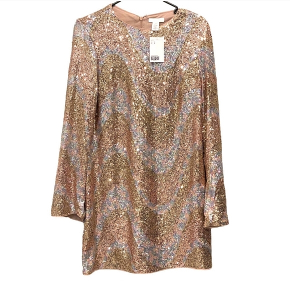 New Sequin Mini Dress Flare Sleeve Stretchy Pastel Champagne Size M NWT! Rose - Picture 10 of 12